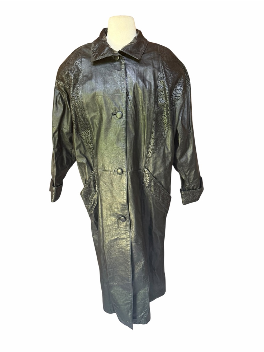 1980s Comint Lined Oversized Slouchy Leather Button Front Duster Trench Coat